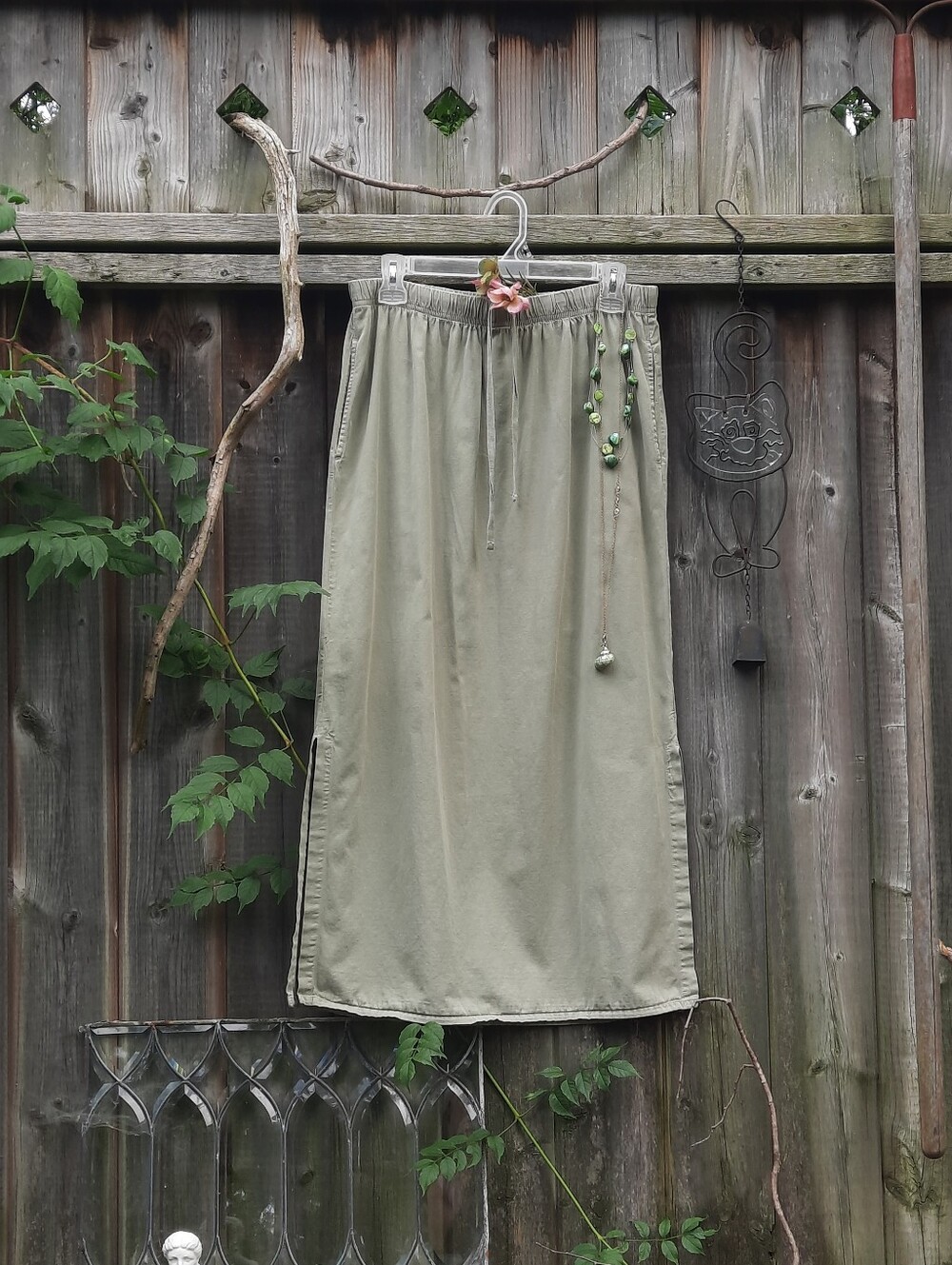 Sage Green Denim Maxi Skirt, Side Pockets, Elastisized Waist, Drawstring